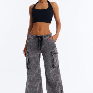 Washed Black Stretch Utility Jeans with Adjustable Tie Waist - Image 2