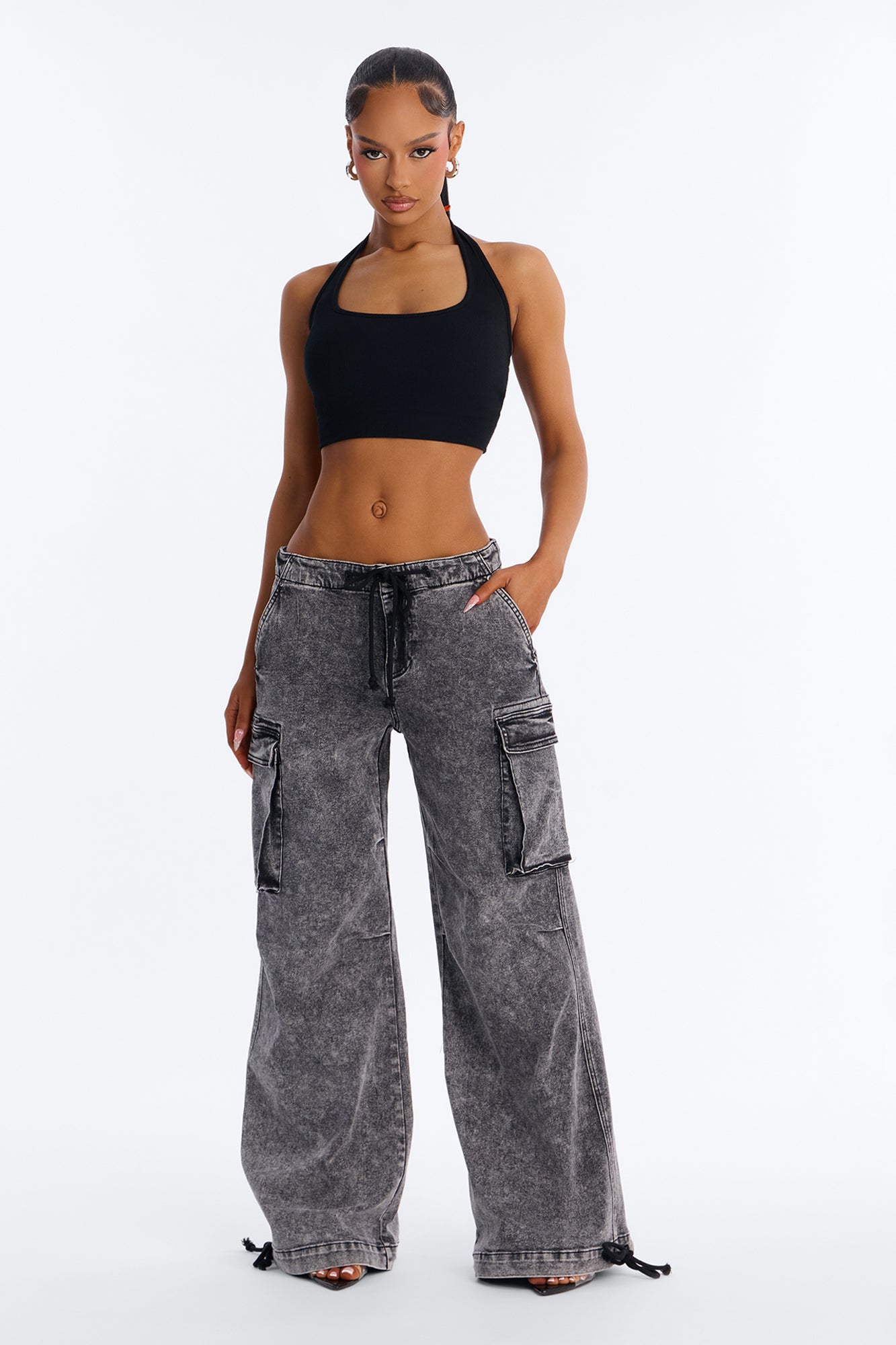 Washed Black Stretch Utility Jeans with Adjustable Tie Waist - Image 2