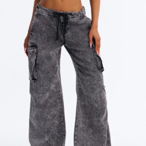 Washed Black Stretch Utility Jeans with Adjustable Tie Waist