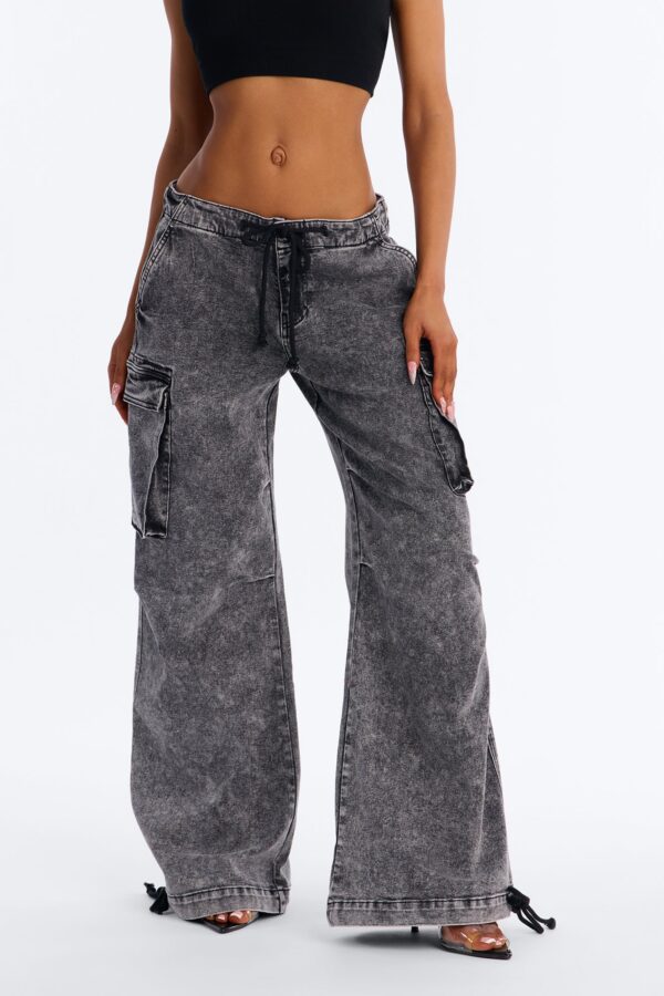 Washed Black Stretch Utility Jeans with Adjustable Tie Waist