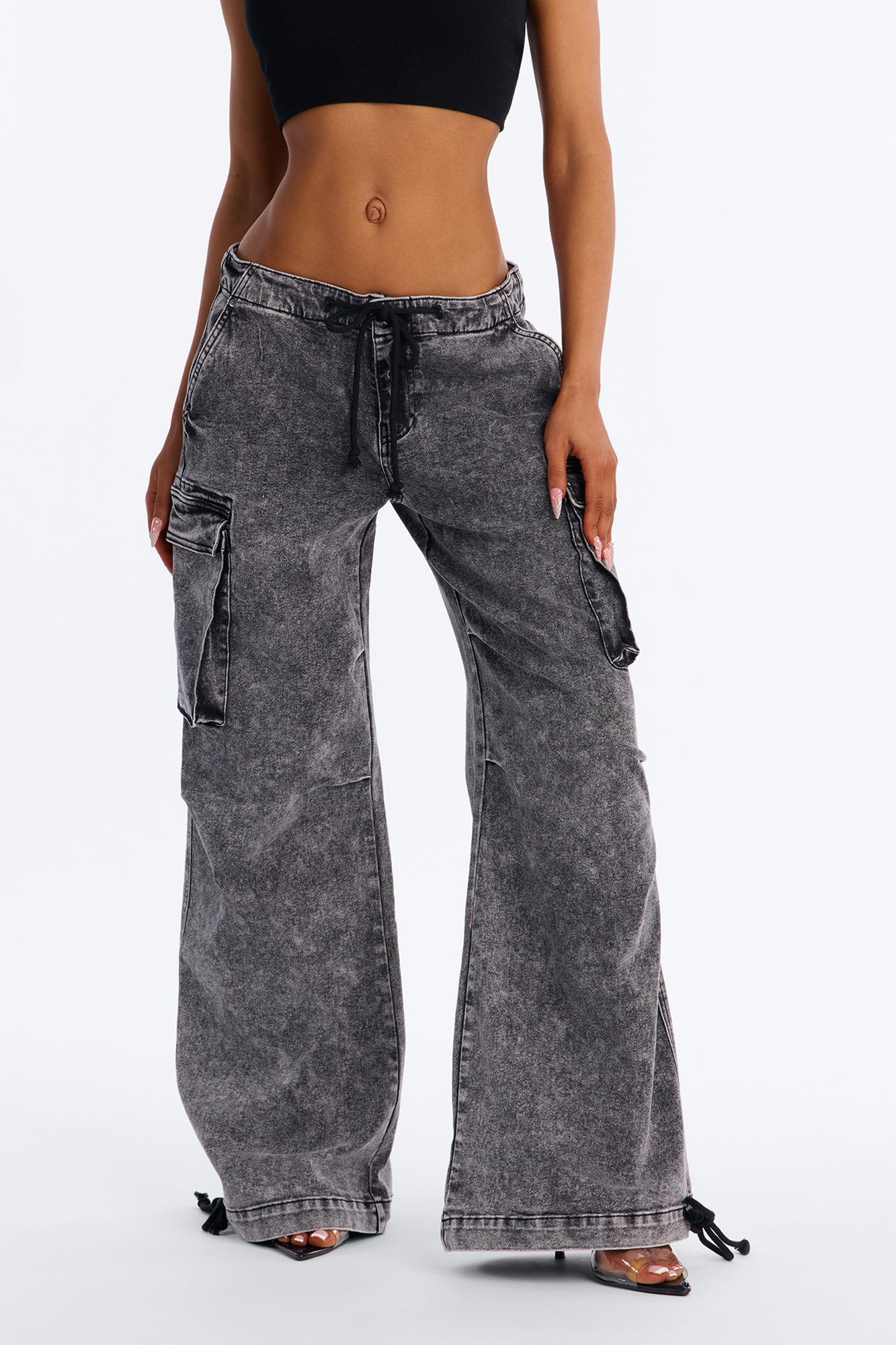Washed Black Stretch Utility Jeans with Adjustable Tie Waist - Image 1