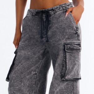 Washed Black Stretch Utility Jeans with Adjustable Tie Waist - Image 3