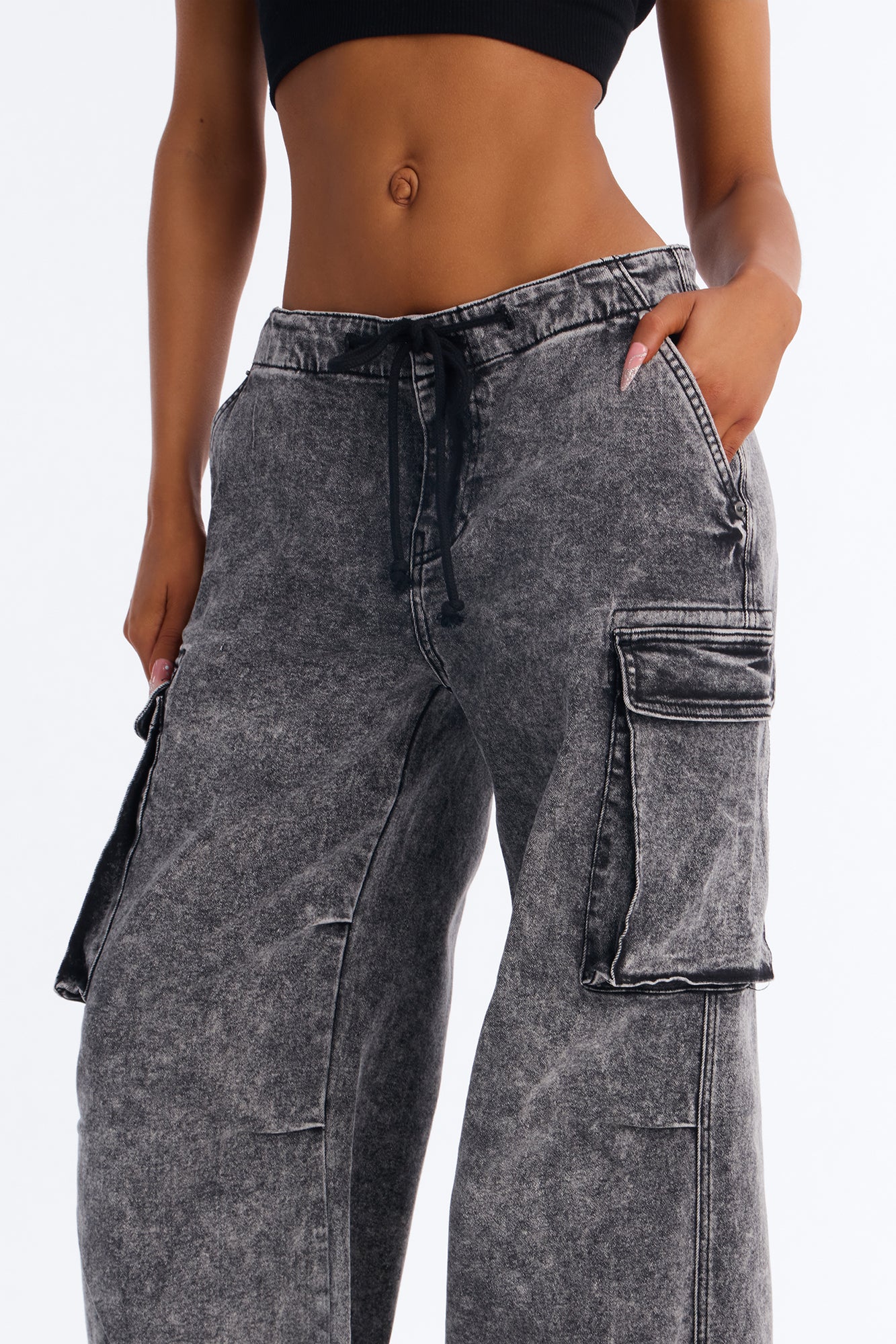 Washed Black Stretch Utility Jeans with Adjustable Tie Waist - Image 3