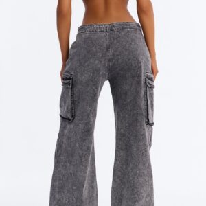 Washed Black Stretch Utility Jeans with Adjustable Tie Waist - Image 4