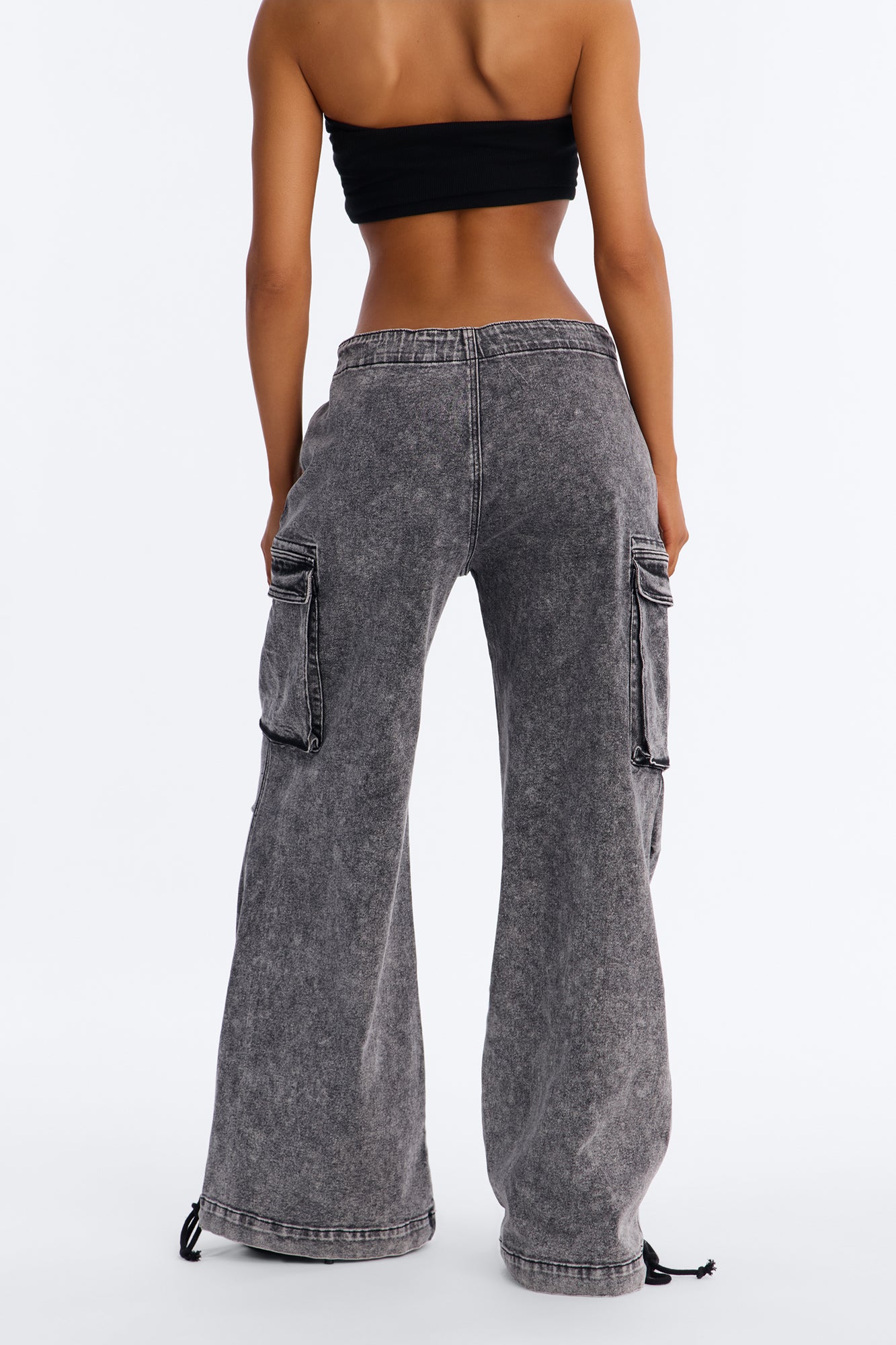 Washed Black Stretch Utility Jeans with Adjustable Tie Waist - Image 4