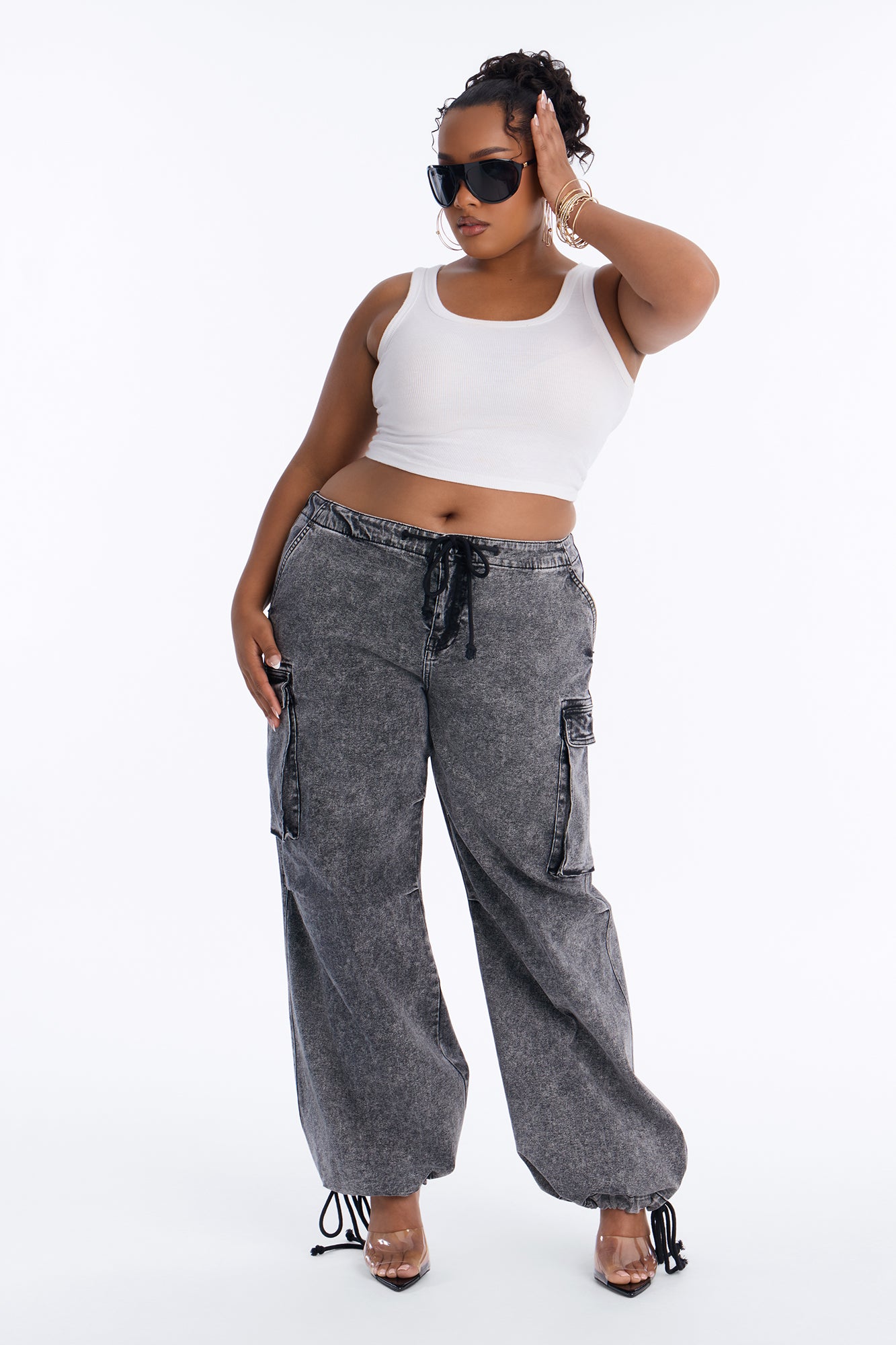 Washed Black Stretch Utility Jeans with Adjustable Tie Waist - Image 5