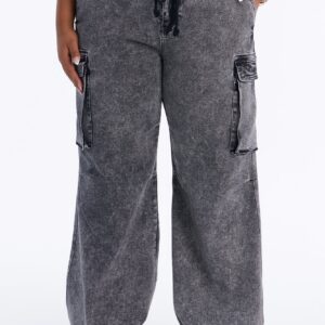 Washed Black Stretch Utility Jeans with Adjustable Tie Waist - Image 6