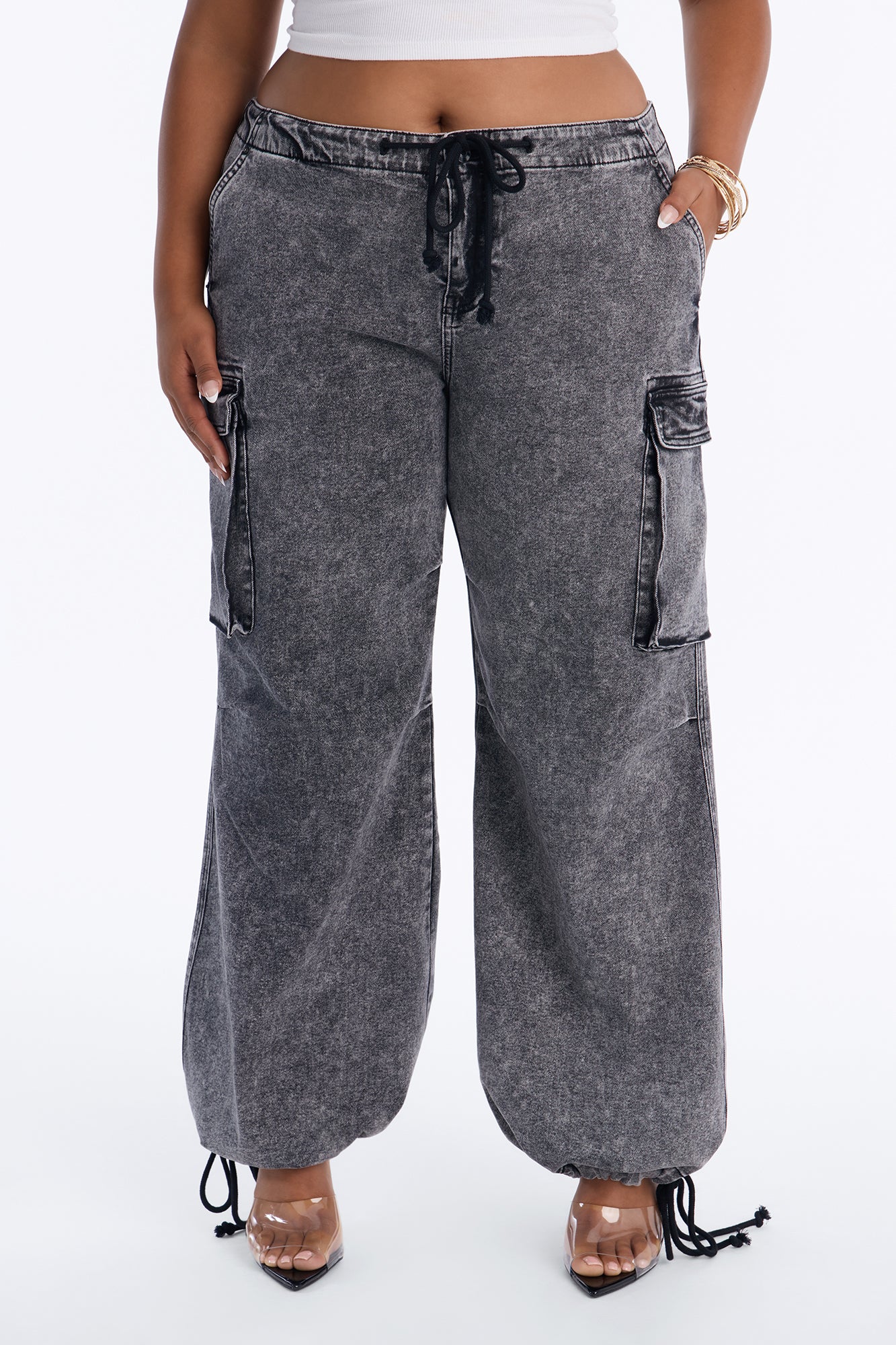 Washed Black Stretch Utility Jeans with Adjustable Tie Waist - Image 6