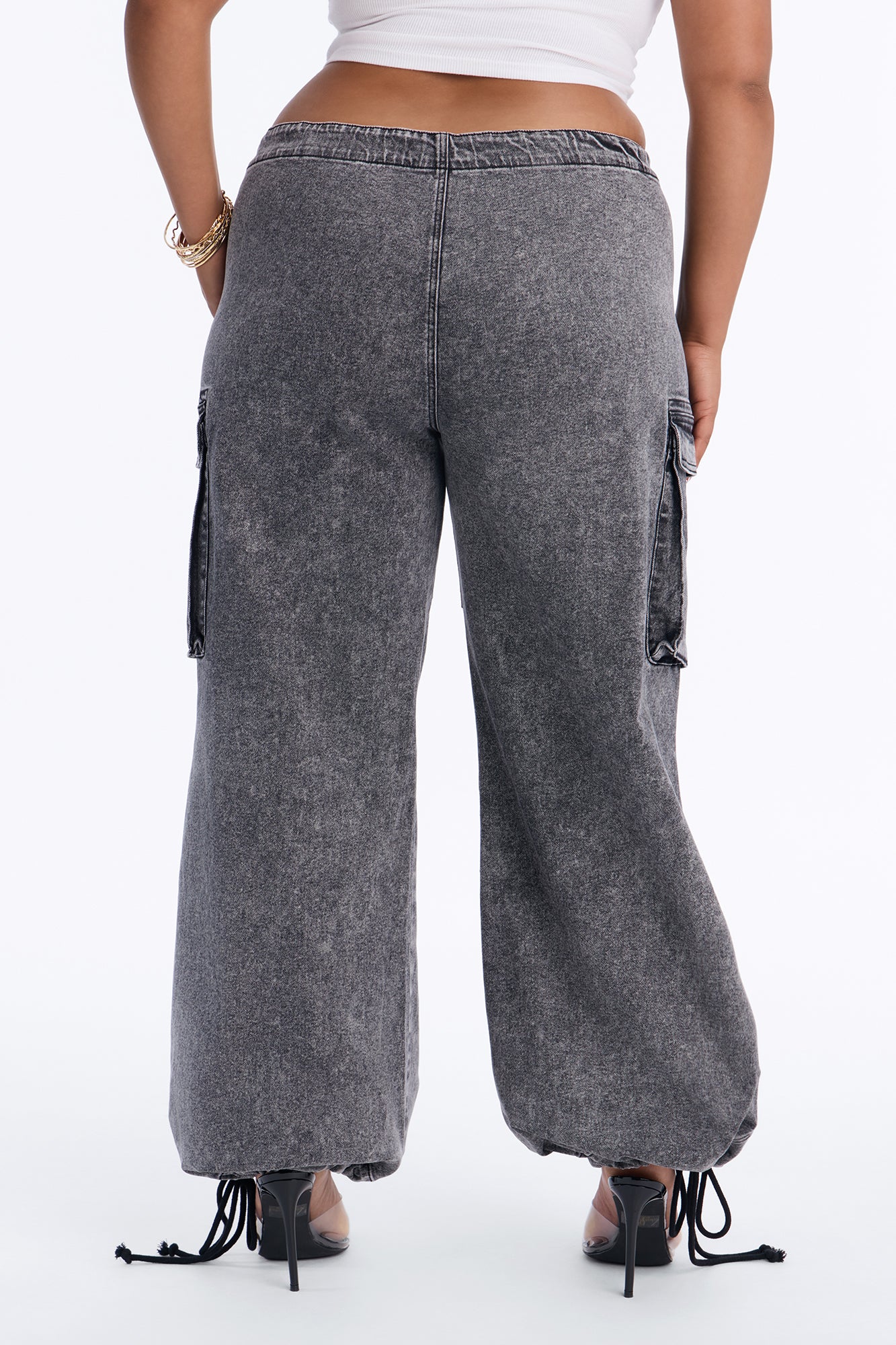 Washed Black Stretch Utility Jeans with Adjustable Tie Waist - Image 8